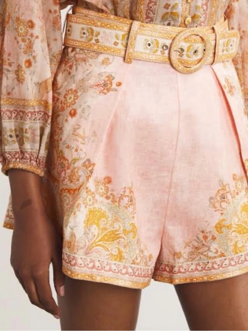Zimmermann Pink Paisley High-Waist Shorts with Belt